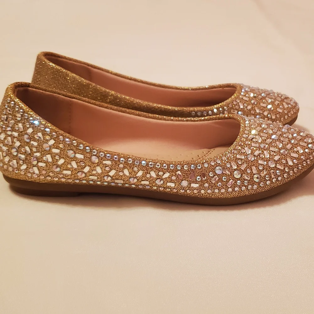 Girl's 2 Link Comfort Gold w/ Rhinestones Ballet Flat